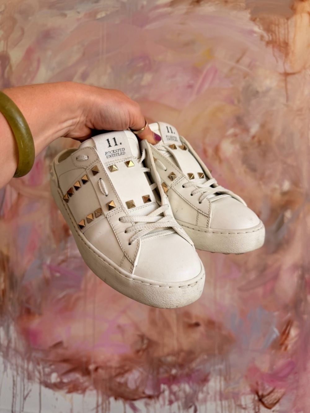 Valentino Garavani Cream Leather Rockstud Low-Top Sneakers